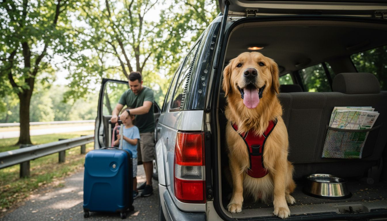 Family loading car for dog safe road trip