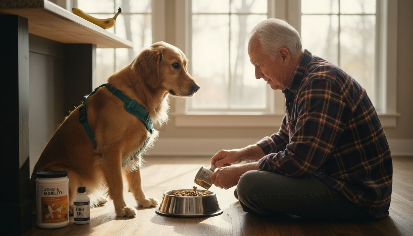 Service dog watching meal prep in kitchen