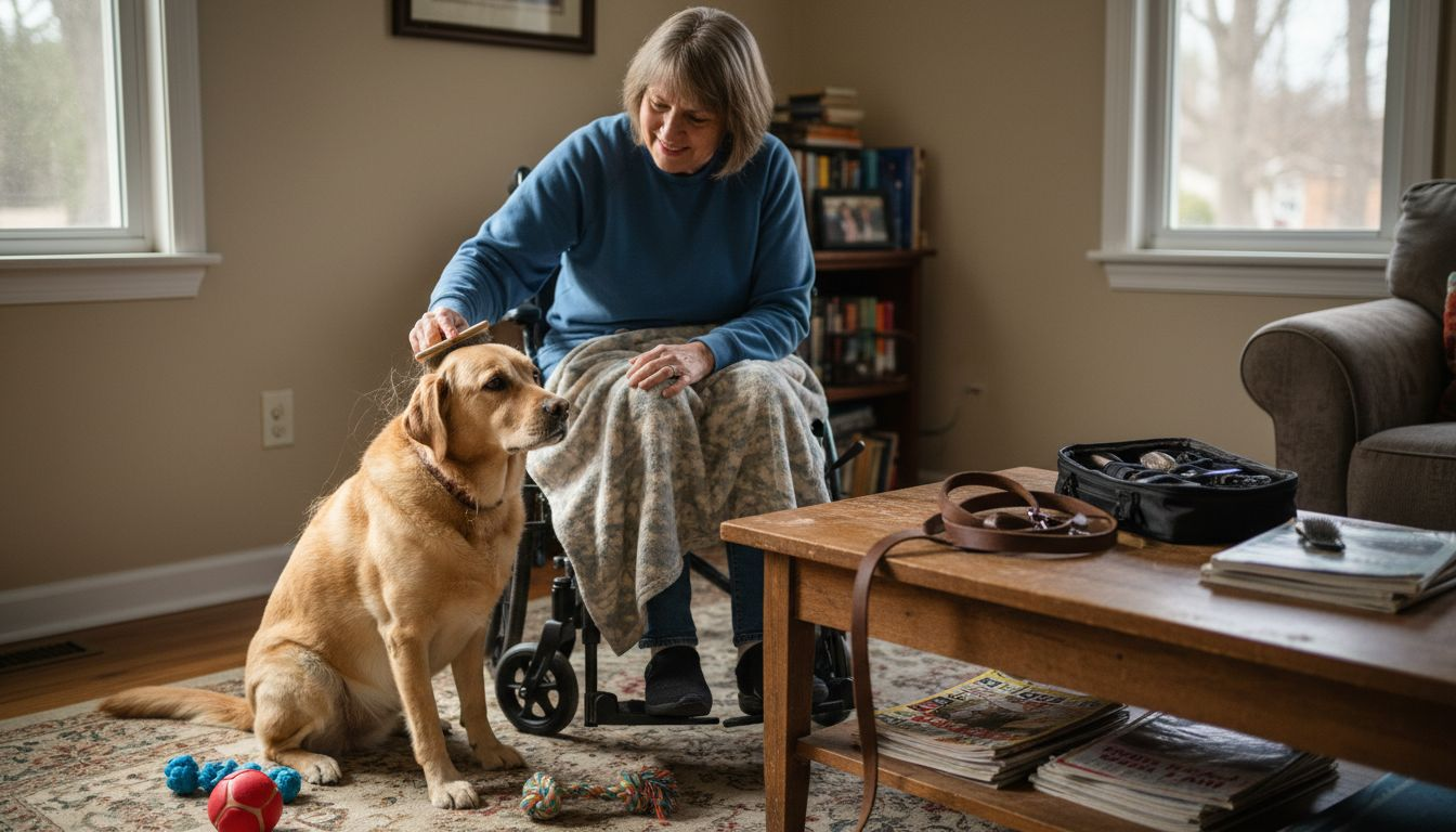 Disabled woman brushing dog in living room