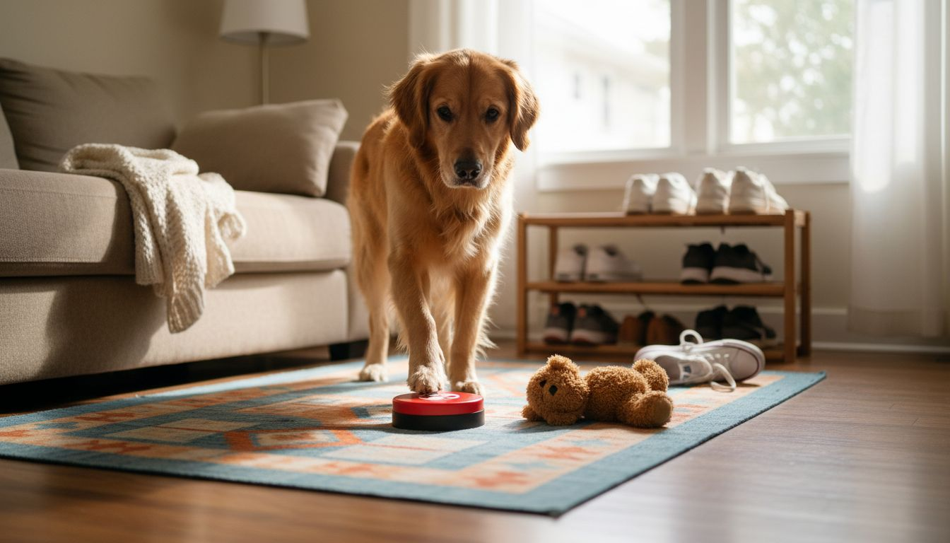Dog uses communication button at home