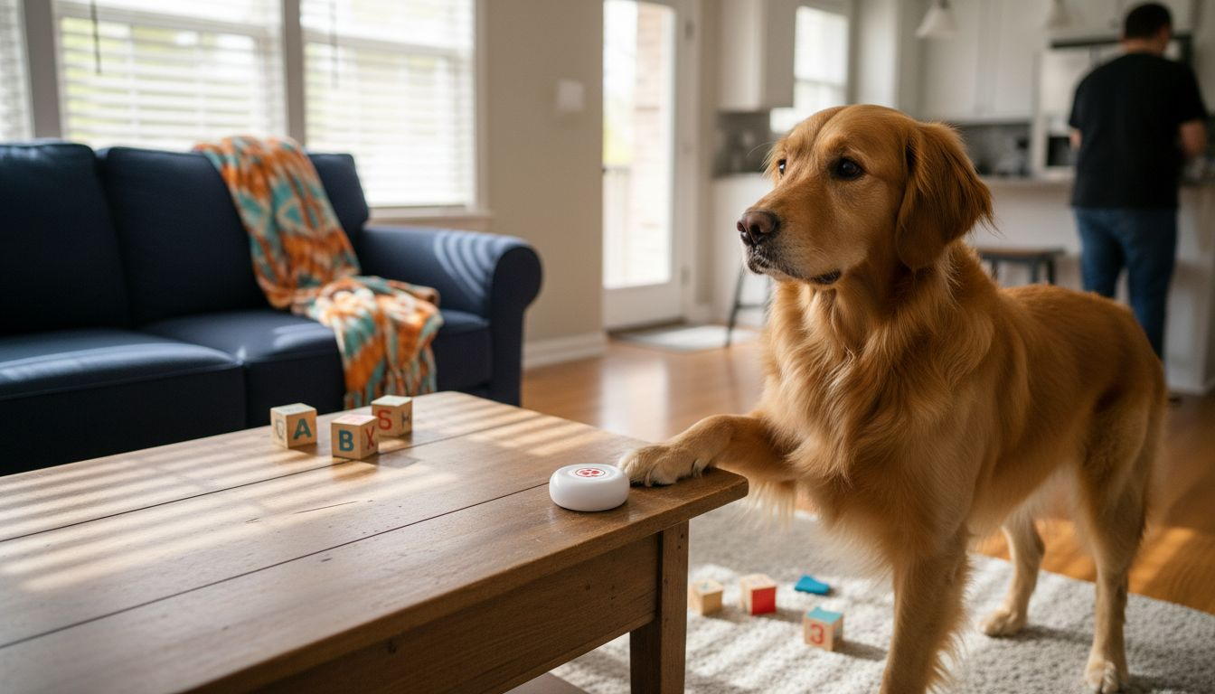 Dog using alert device in living room