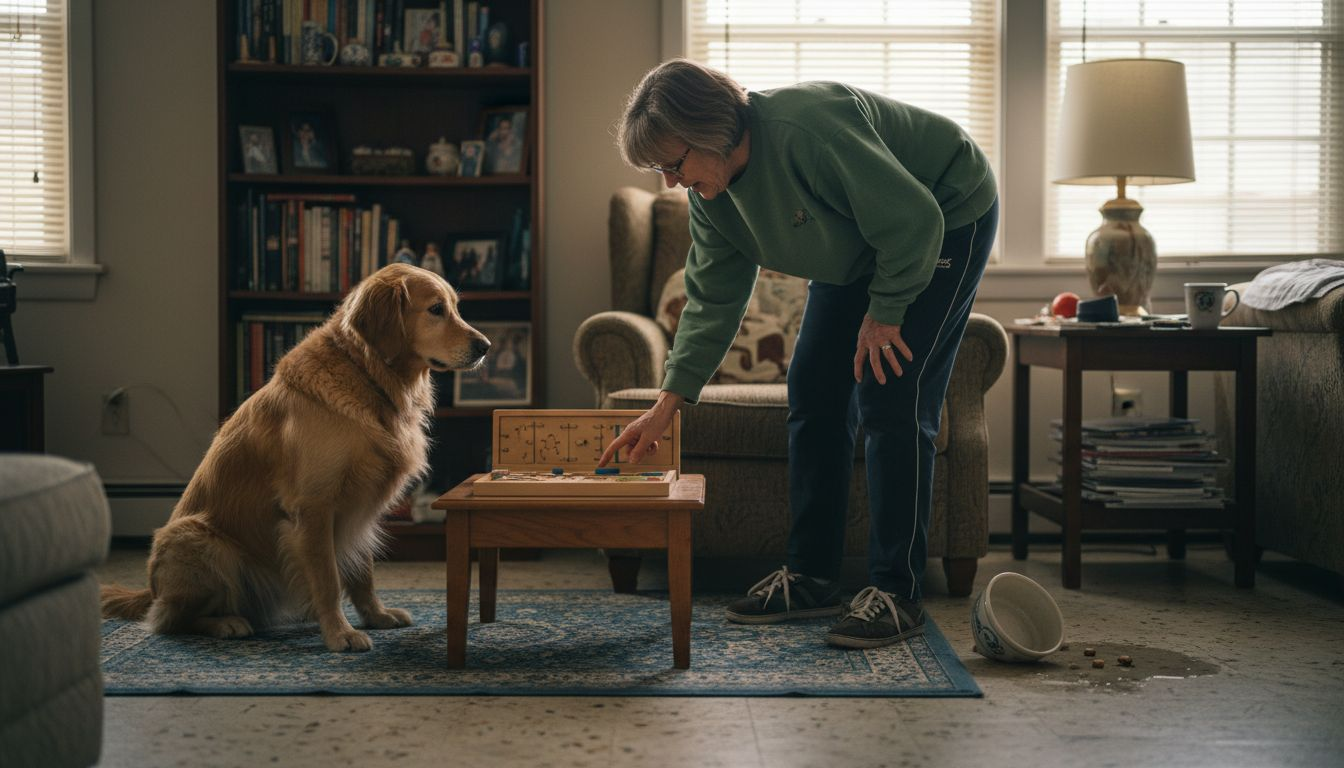 Dog and woman interact with puzzle toy