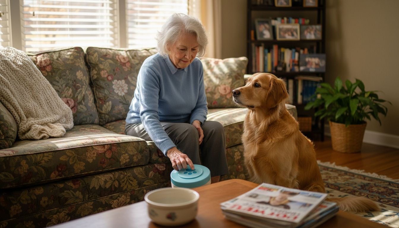 Senior woman using dog communication device at home