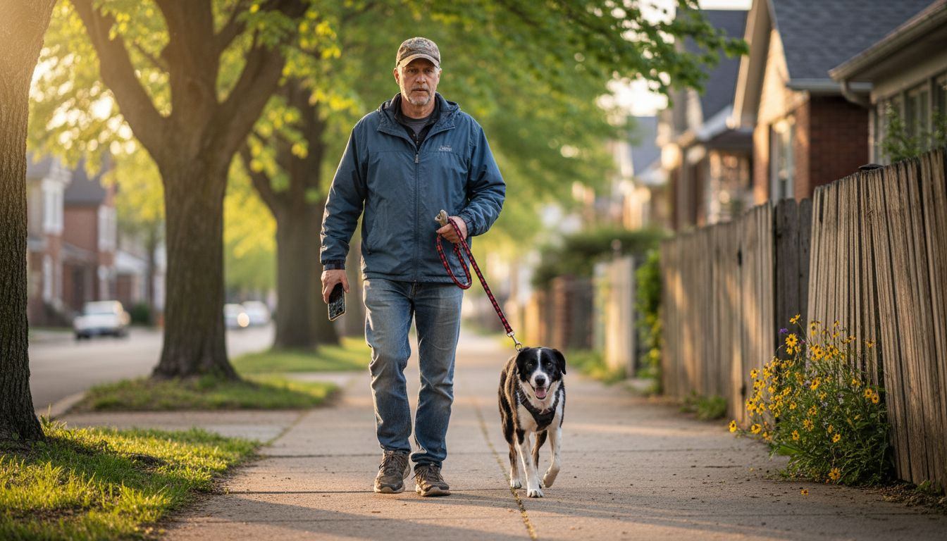 Dog and owner walking safely on sidewalk