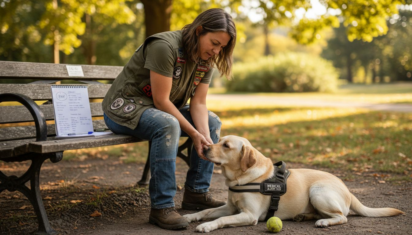 Handler examining service dog's paw outdoors