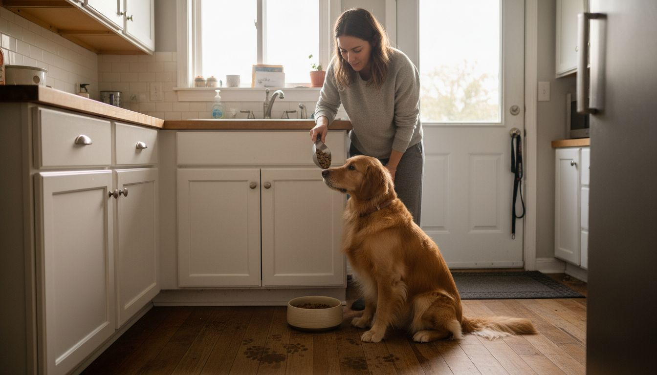 Owner preparing dog meal morning scene