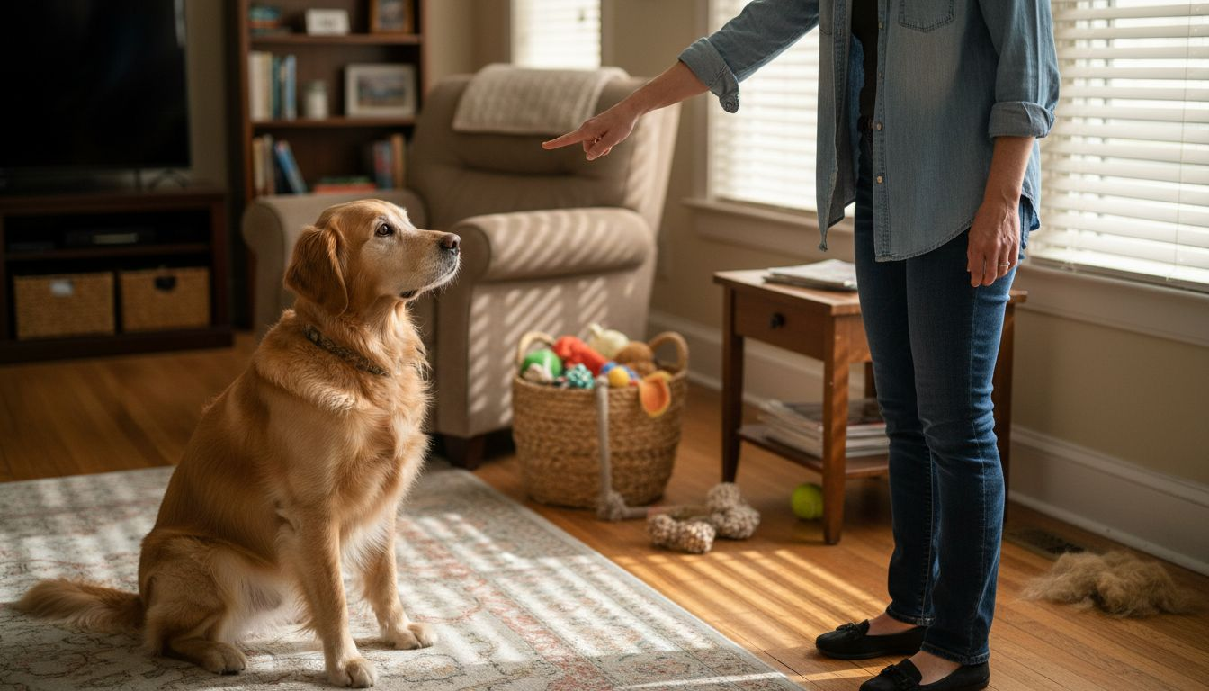 Dog responding to hand signal in living room