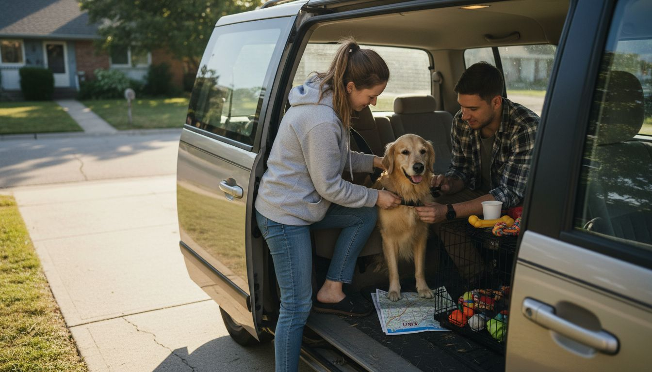 Couple securing golden retriever for car travel