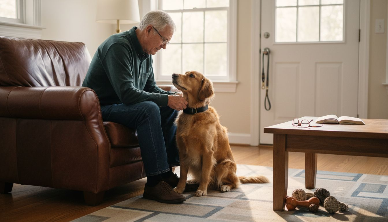 Man attaching smart collar to golden retriever