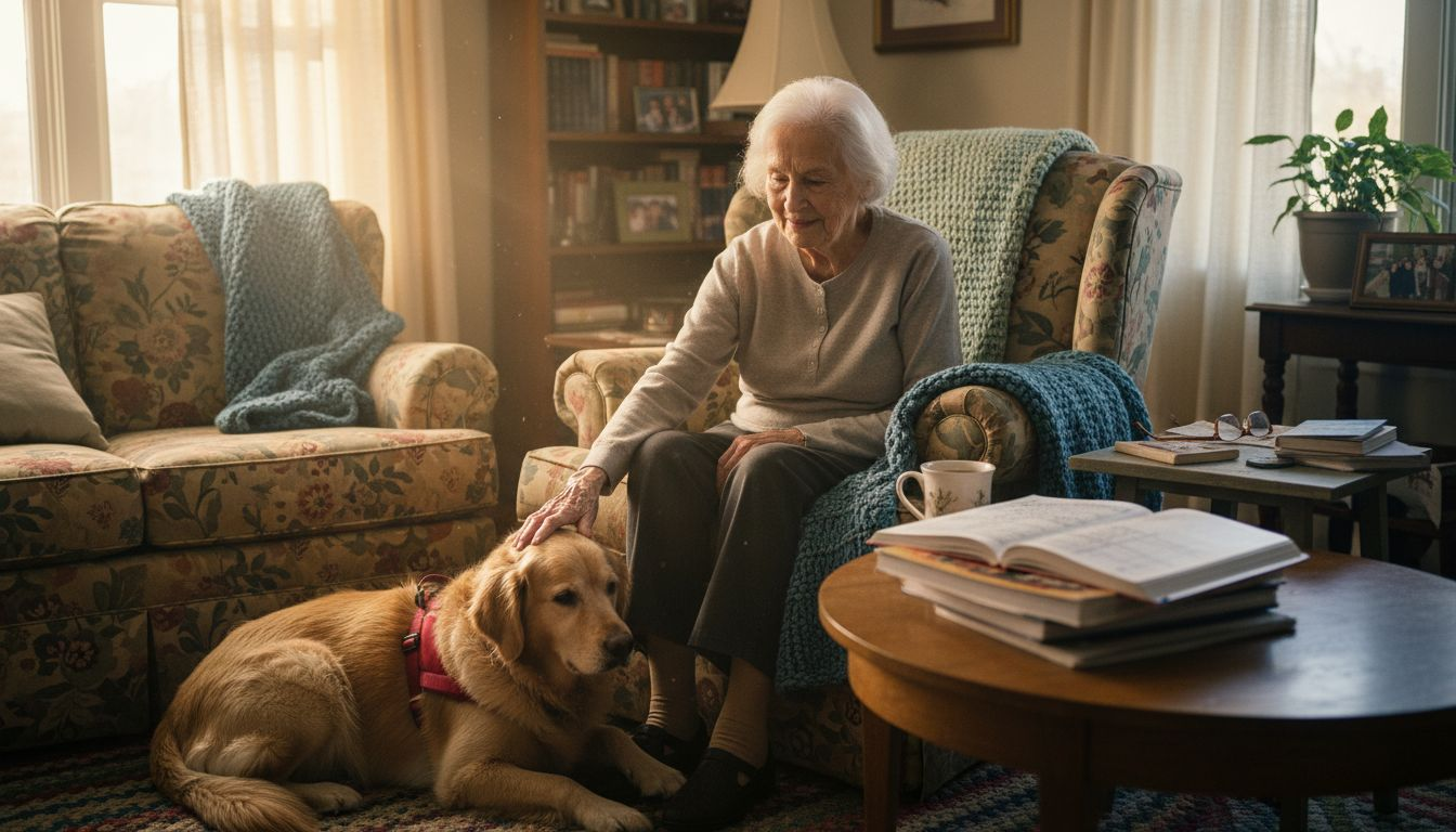 Senior woman with service dog in sunlit living room