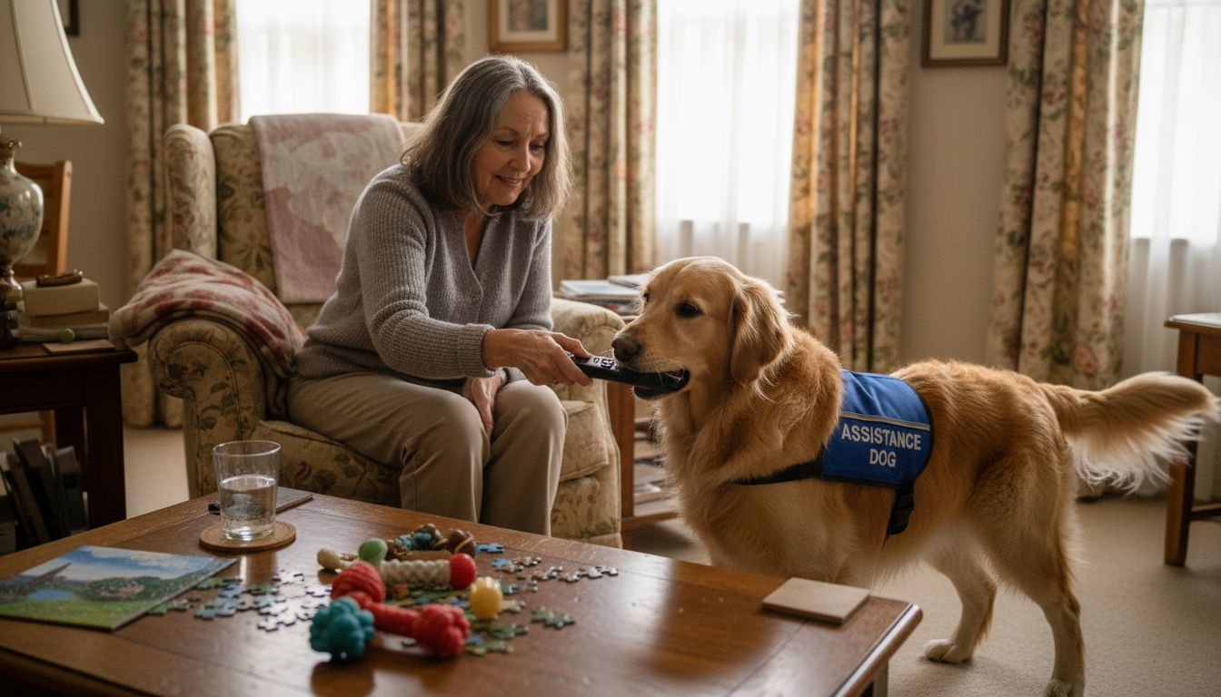 Service dog handing remote to woman in home