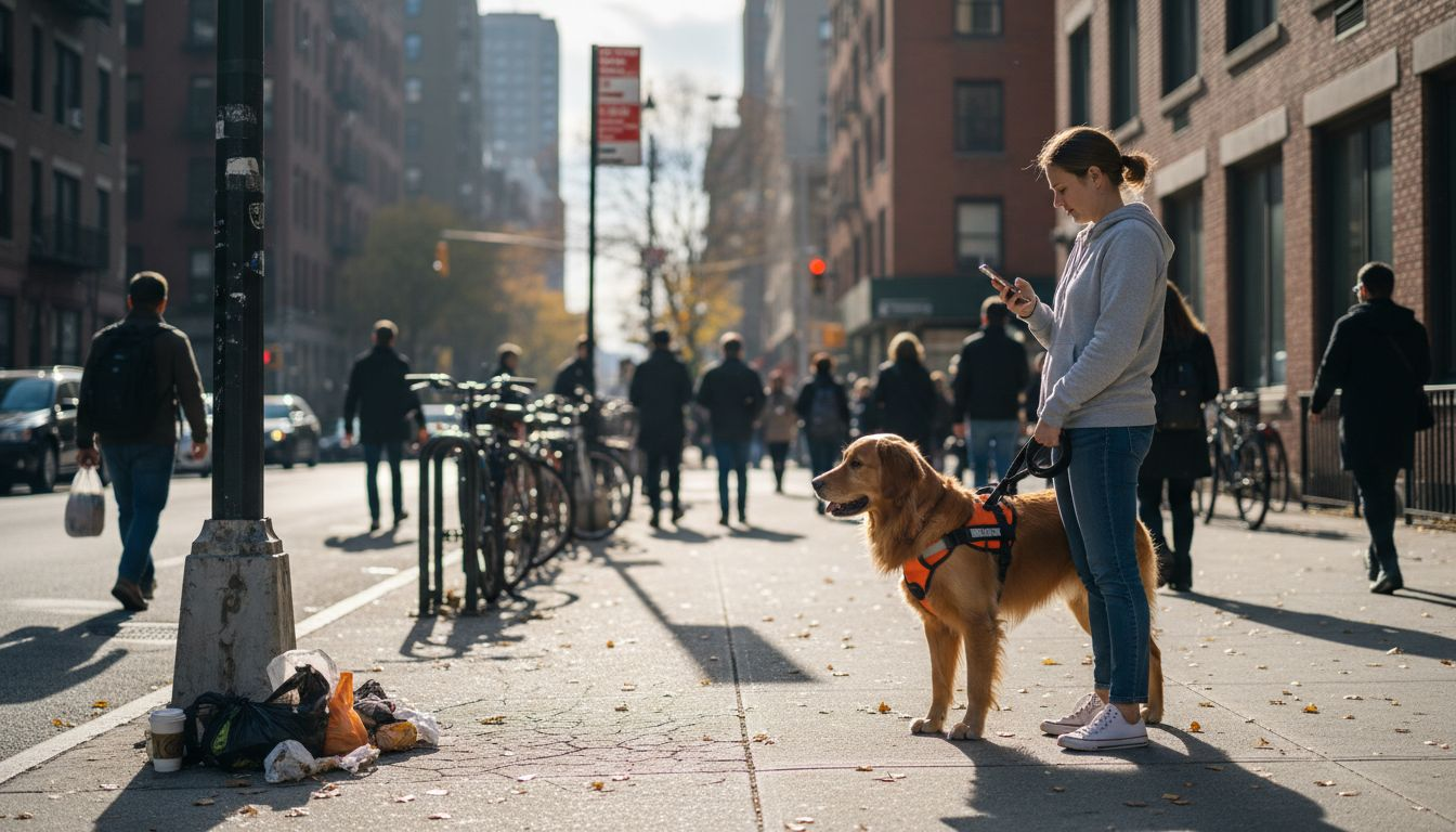 Dog with owner on busy city sidewalk