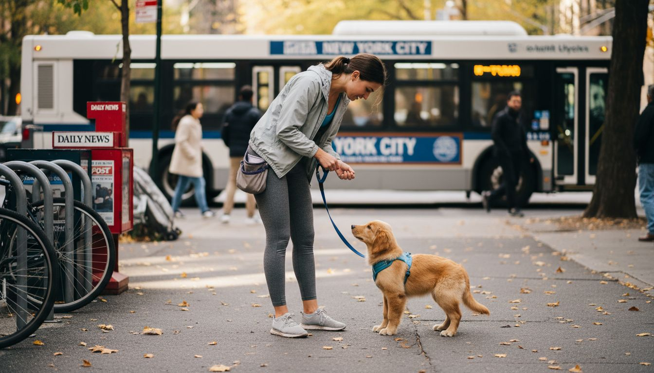 Woman training puppy on city sidewalk