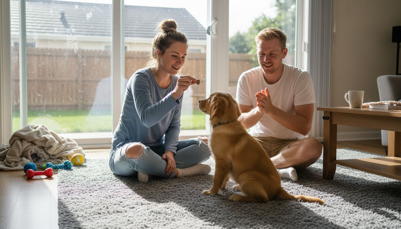 Couple training puppy in sunlit living room