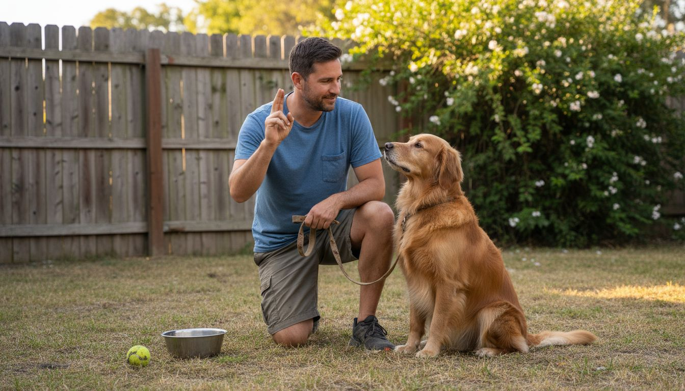 Dog owner giving training signal outdoors