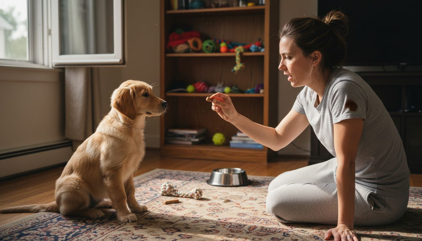Woman training puppy to sit at home