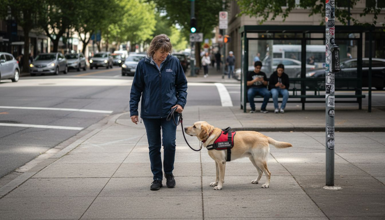 Service dog guiding handler across street