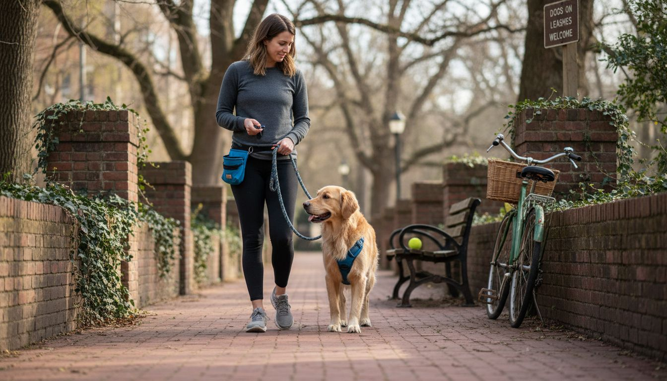 Handler training golden retriever in city park