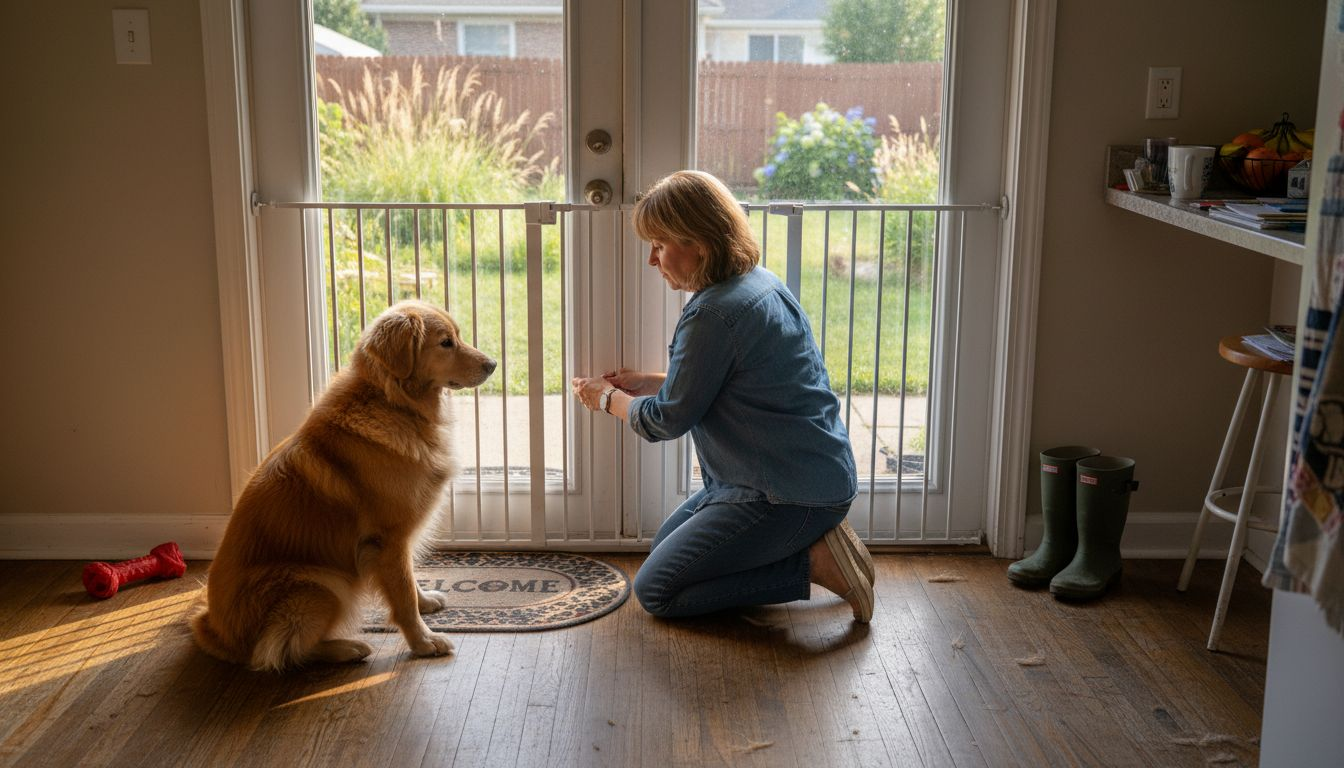 Dog owner securing home with pet safety gate
