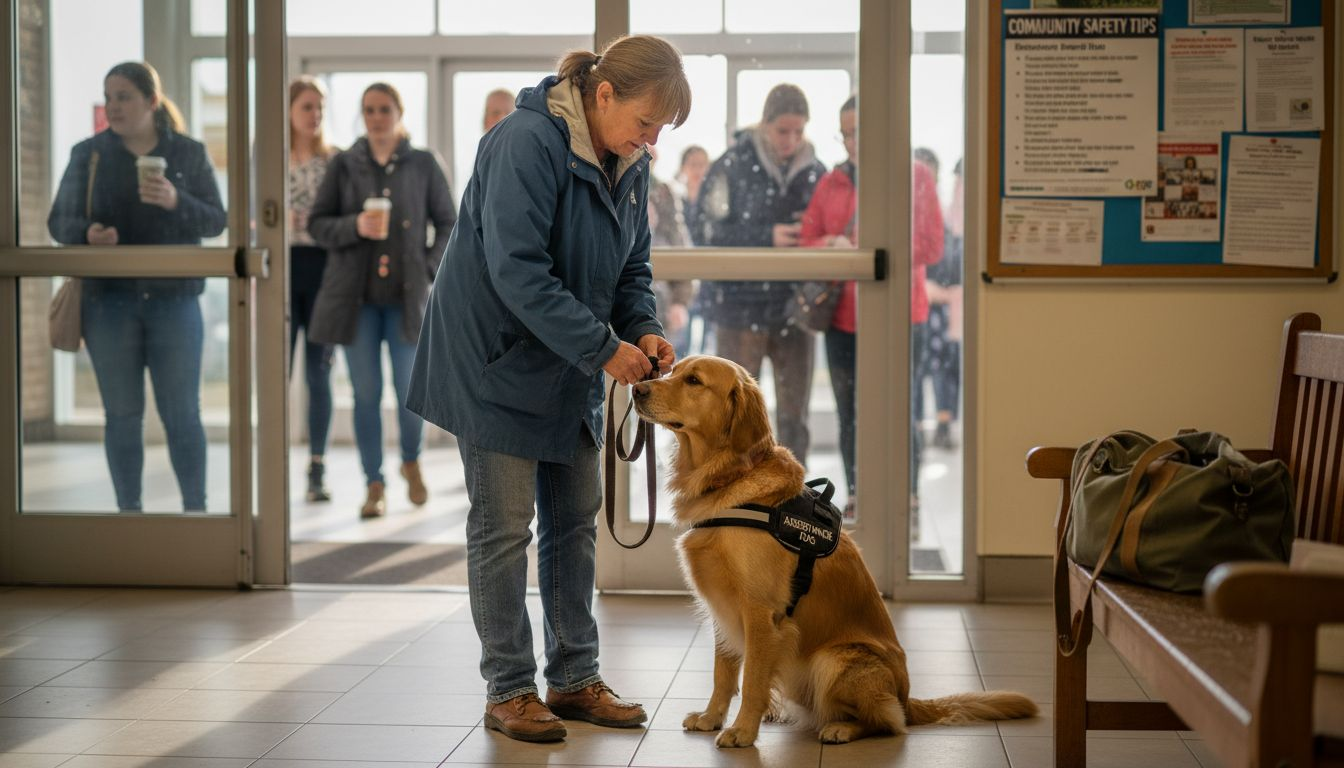 Woman checks guide dog gear outside center