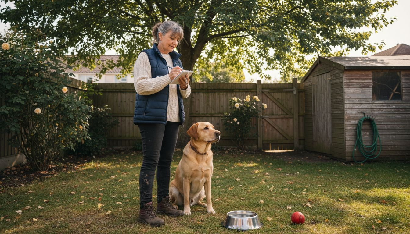 Handler and service dog in suburban backyard