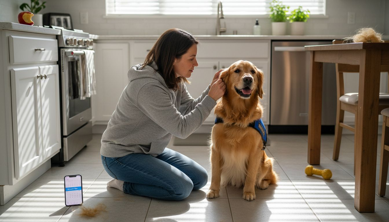 Service dog handler checks golden retriever in home kitchen