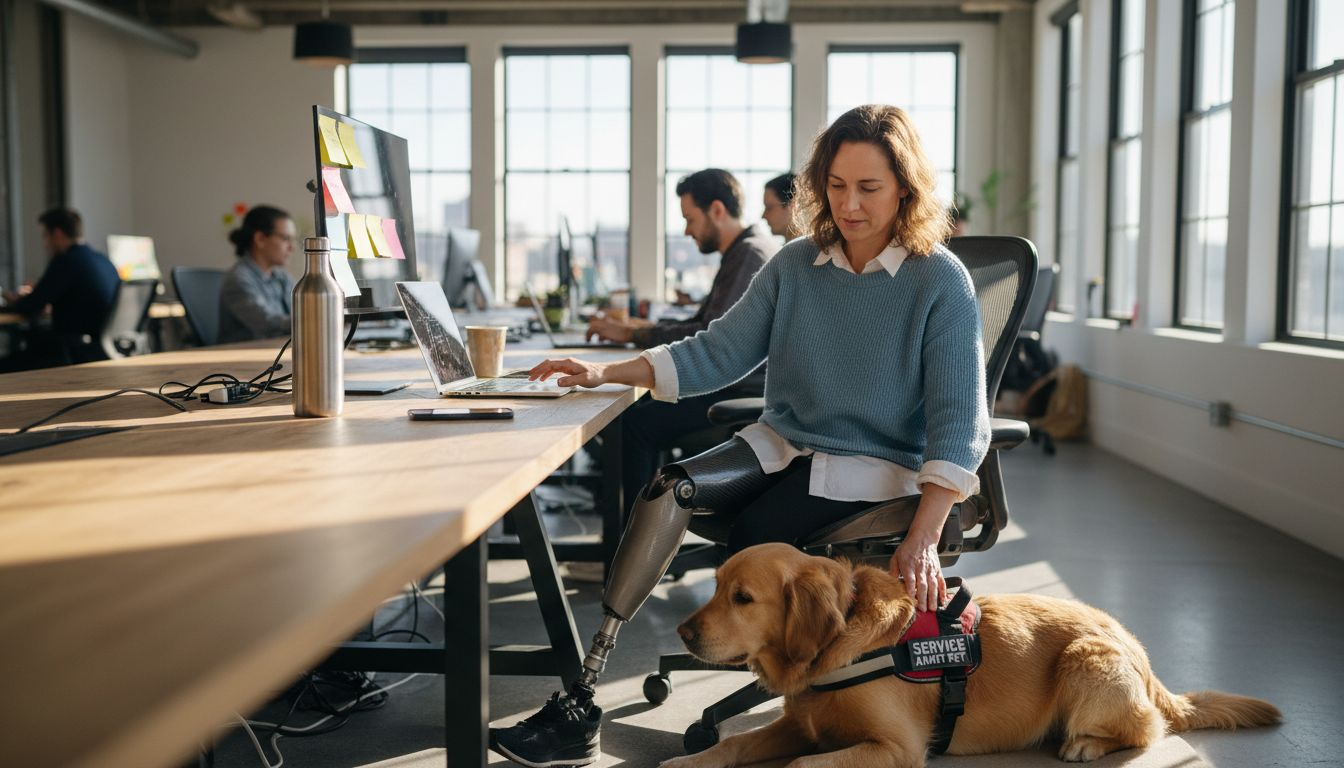 Handler guides service dog in office scene