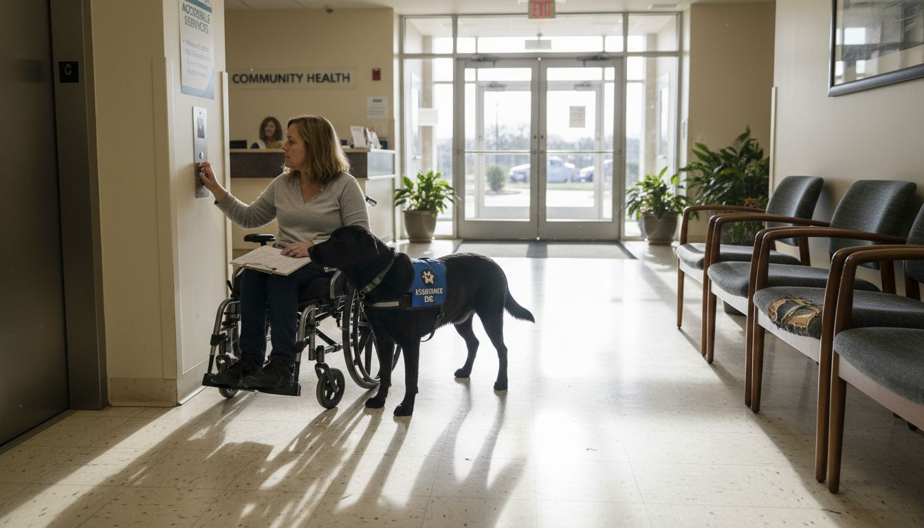 Assistance dog presses elevator for handler
