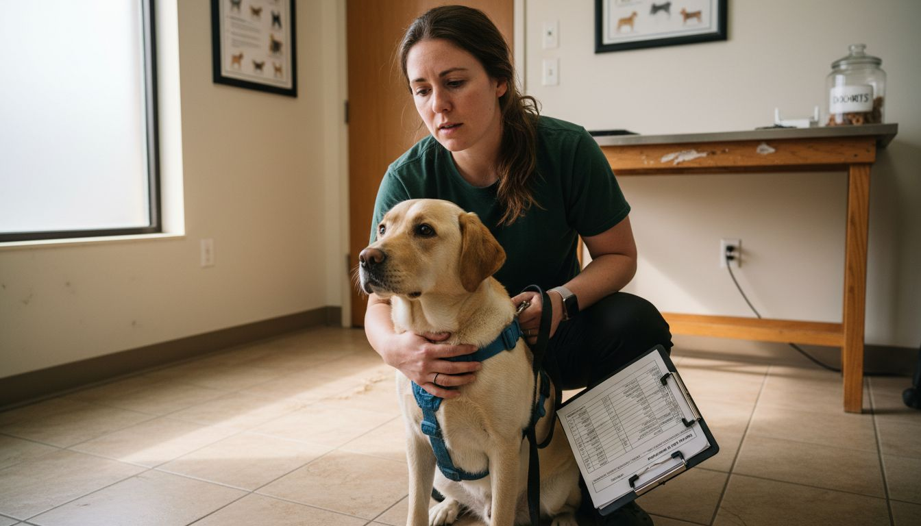 Dog trainer evaluating service dog temperament
