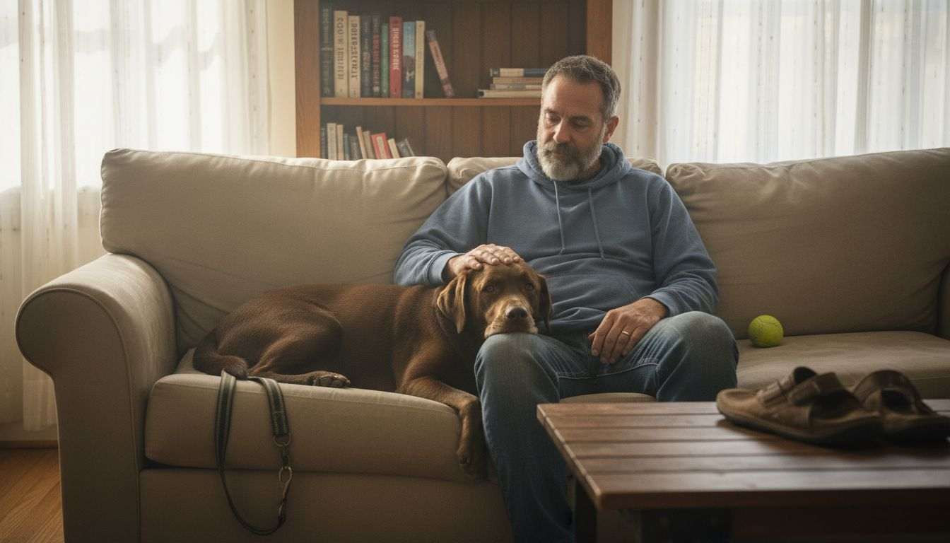 Man with Labrador in sunlit living room
