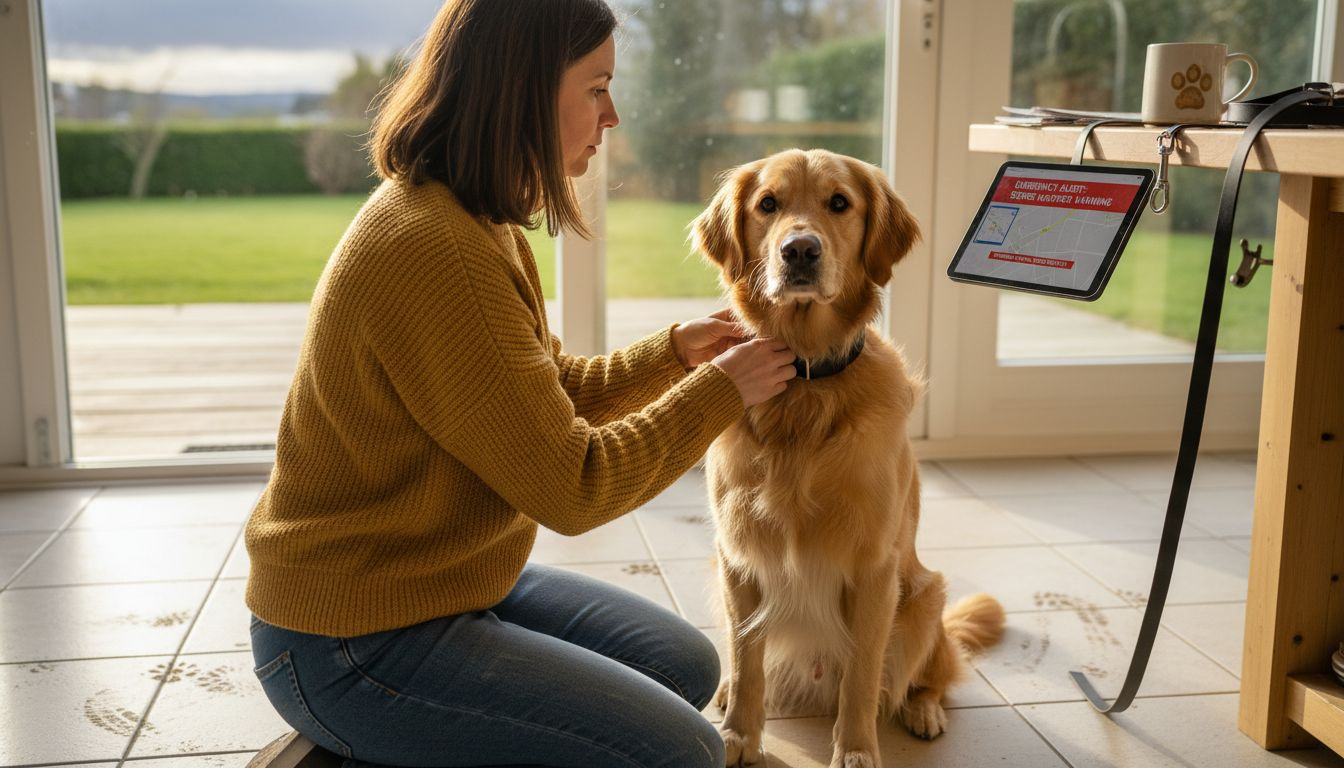 Dog and owner with safety device in kitchen