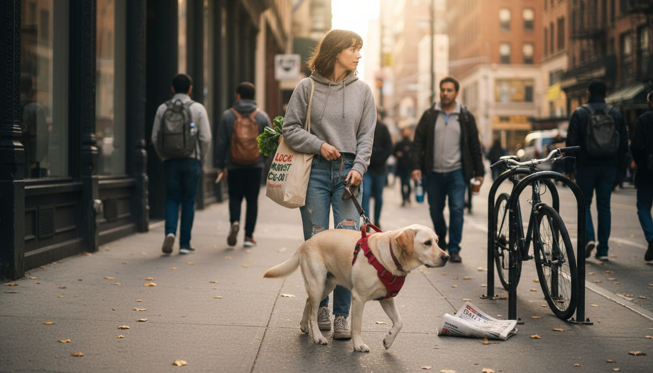 Service dog and handler on busy sidewalk