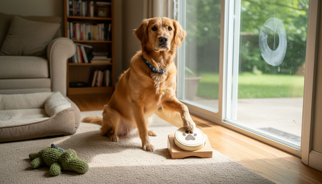 Dog pressing button near glass door