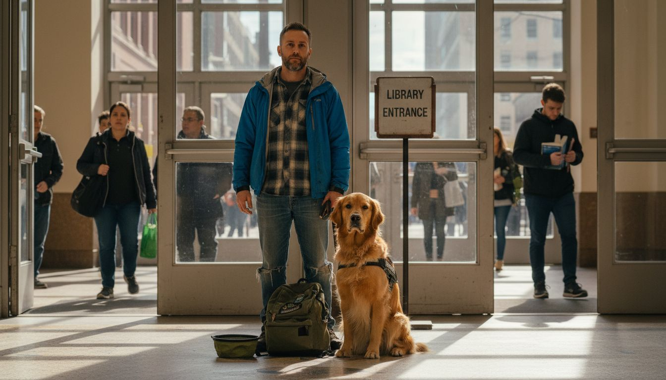 Service dog beside handler at library entrance