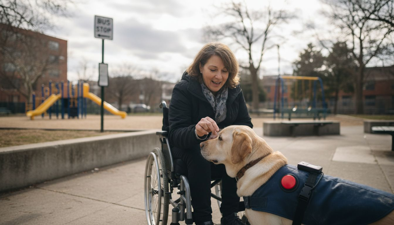 Service dog with smart vest training outdoors