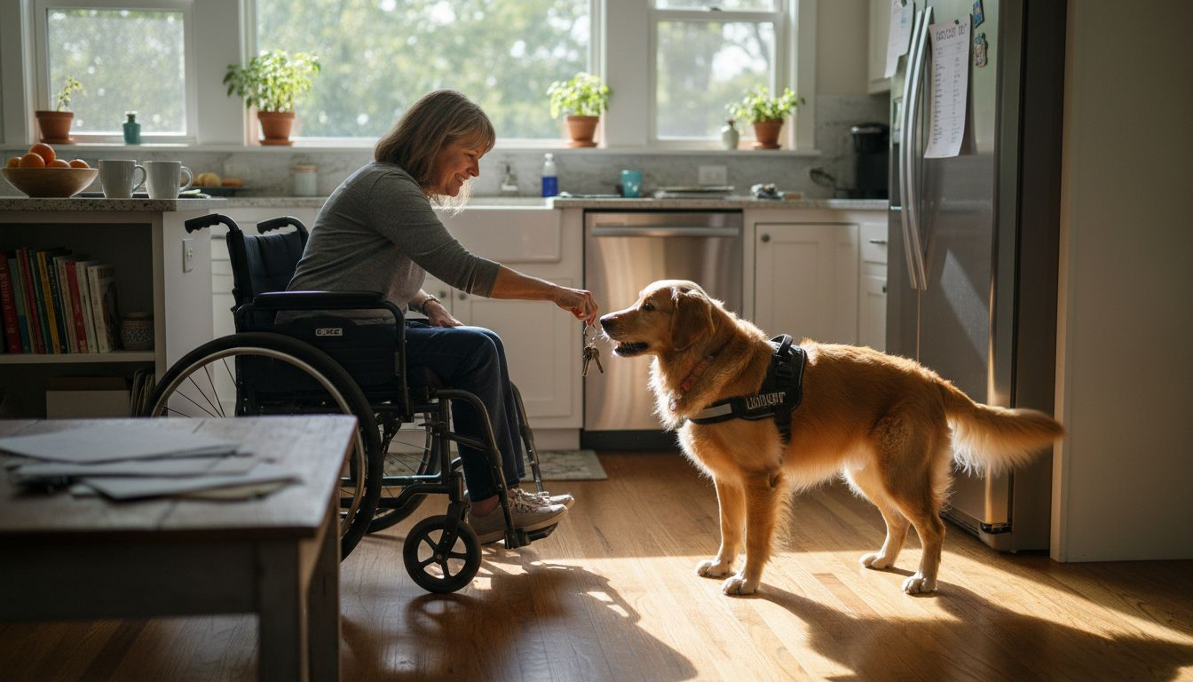 Service dog assisting woman in kitchen