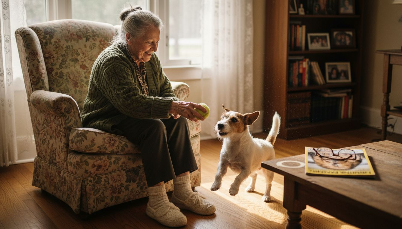 Senior woman tossing ball to small dog indoors
