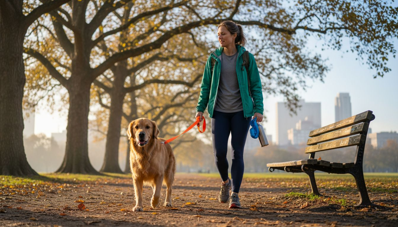 Woman walking golden retriever in muddy city park