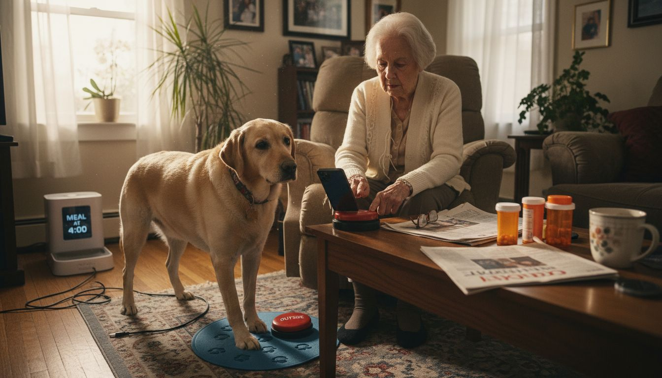 Elderly woman dog using home safety technology