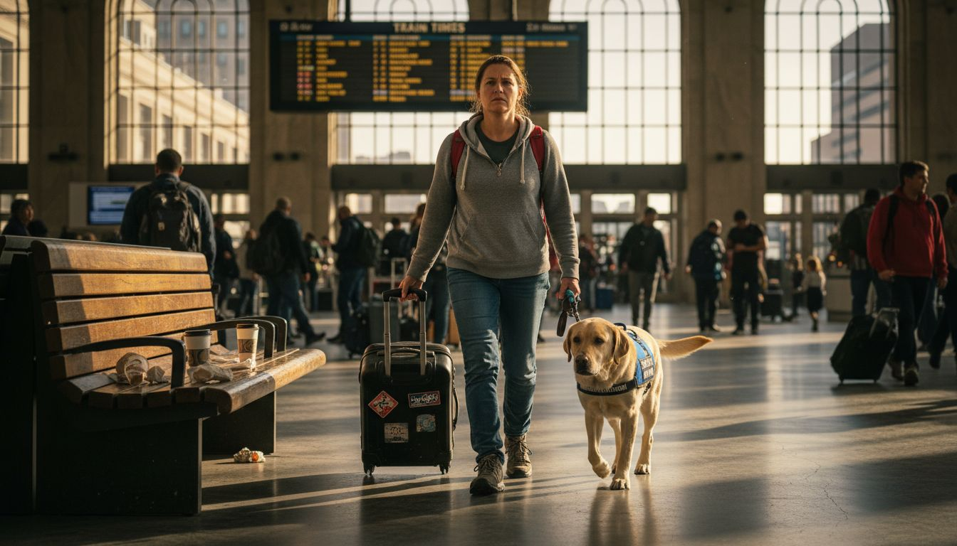 Handler walking service dog in train station