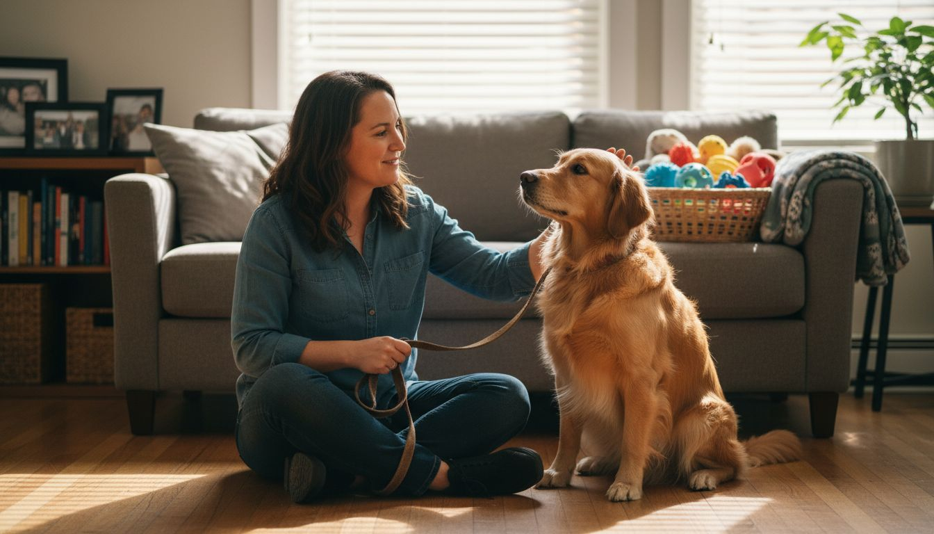 Woman interacting with attentive golden retriever indoors