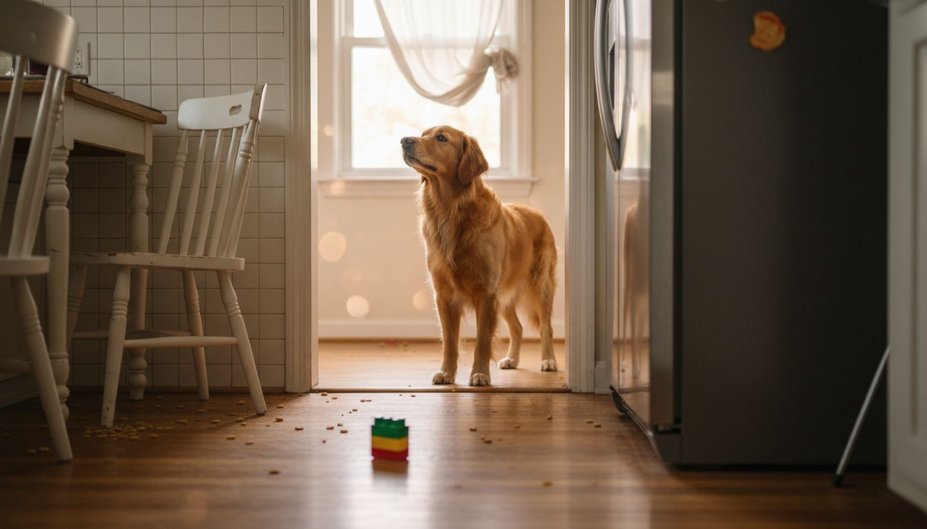 Dog detecting danger in family kitchen