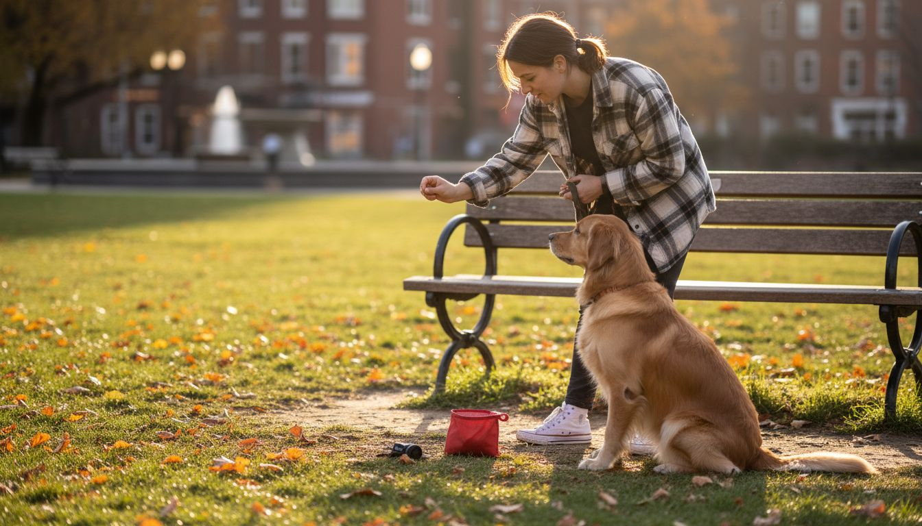 Woman training service dog in city park