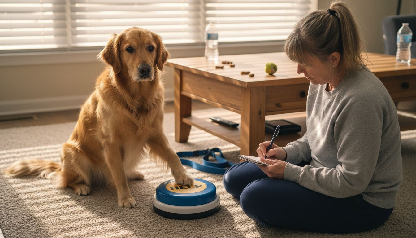 Dog presses communication button in home