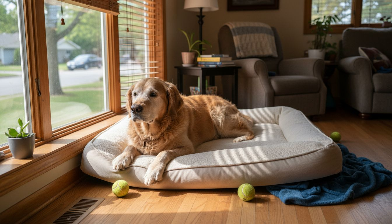 Senior golden retriever on orthopedic dog bed