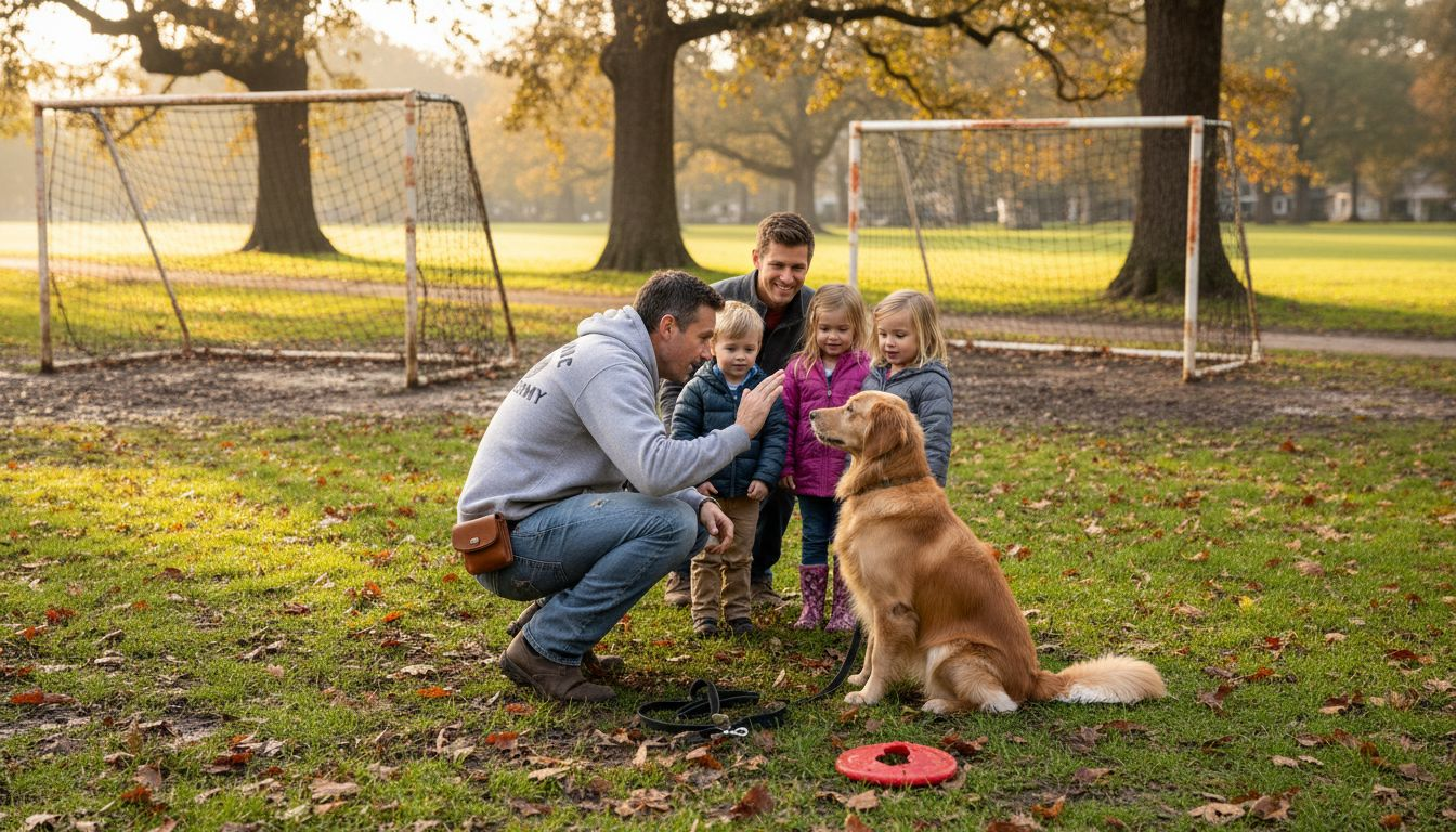Dog trainer teaching family in park setting