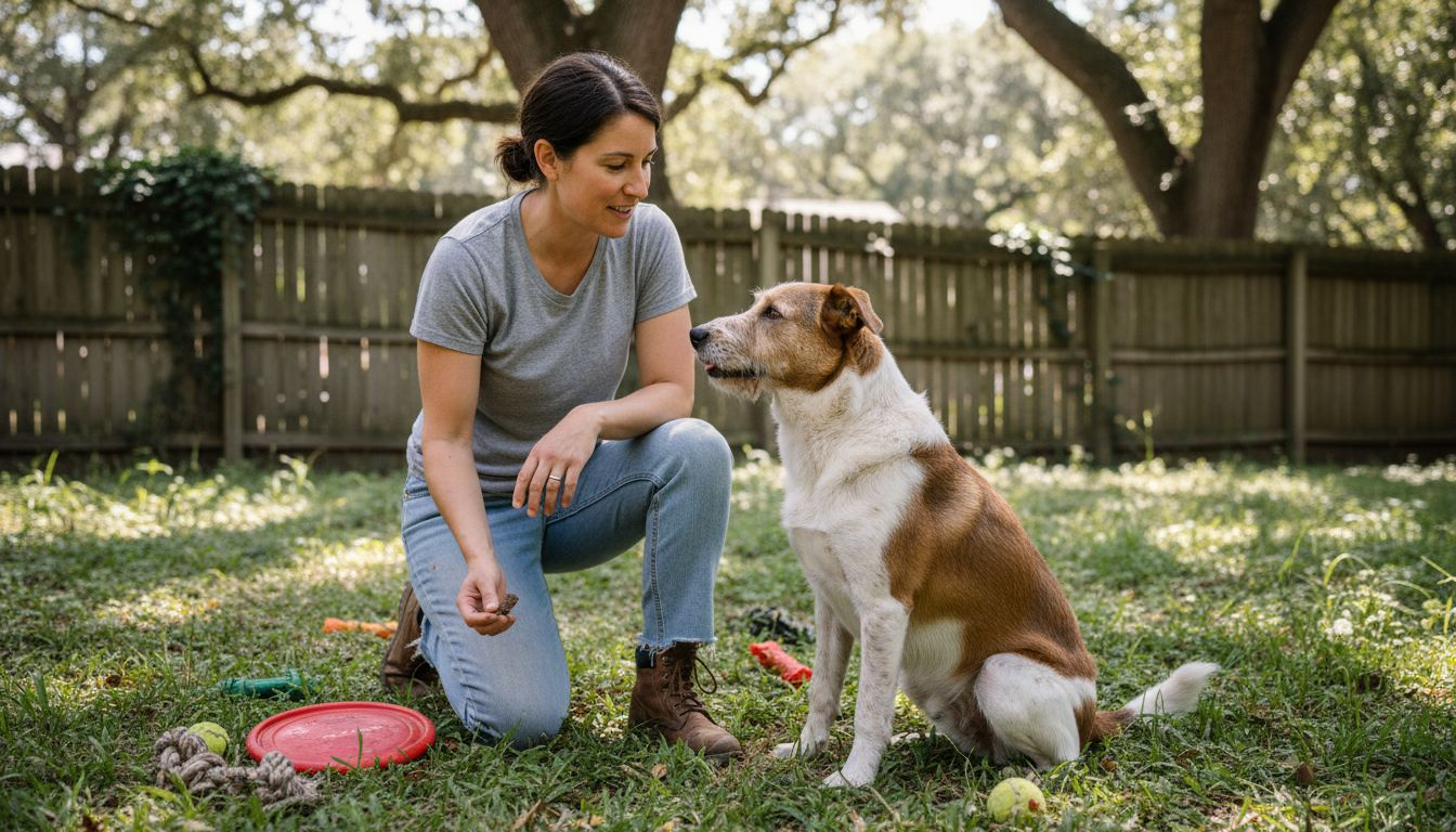Dog trainer working with attentive rescue dog
