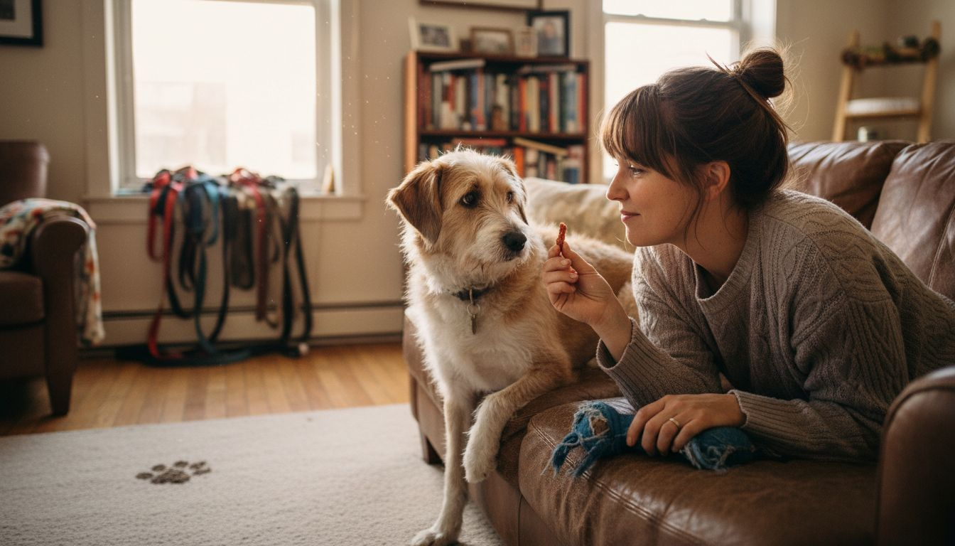 Woman bonding with rescue dog on sofa
