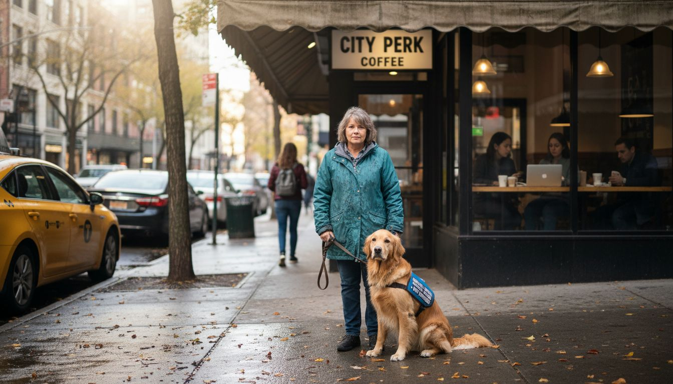 Service dog and handler at busy café entrance