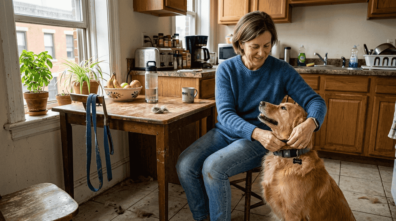 Woman attaching alert device to service dog